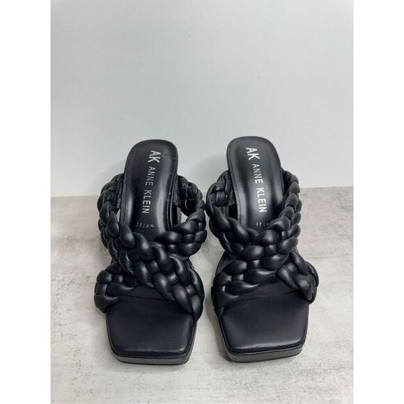 Anne Klein Sandals Womens Size 6.5 Black Braided Double Strap Slip On Heels - Picture 2 of 6